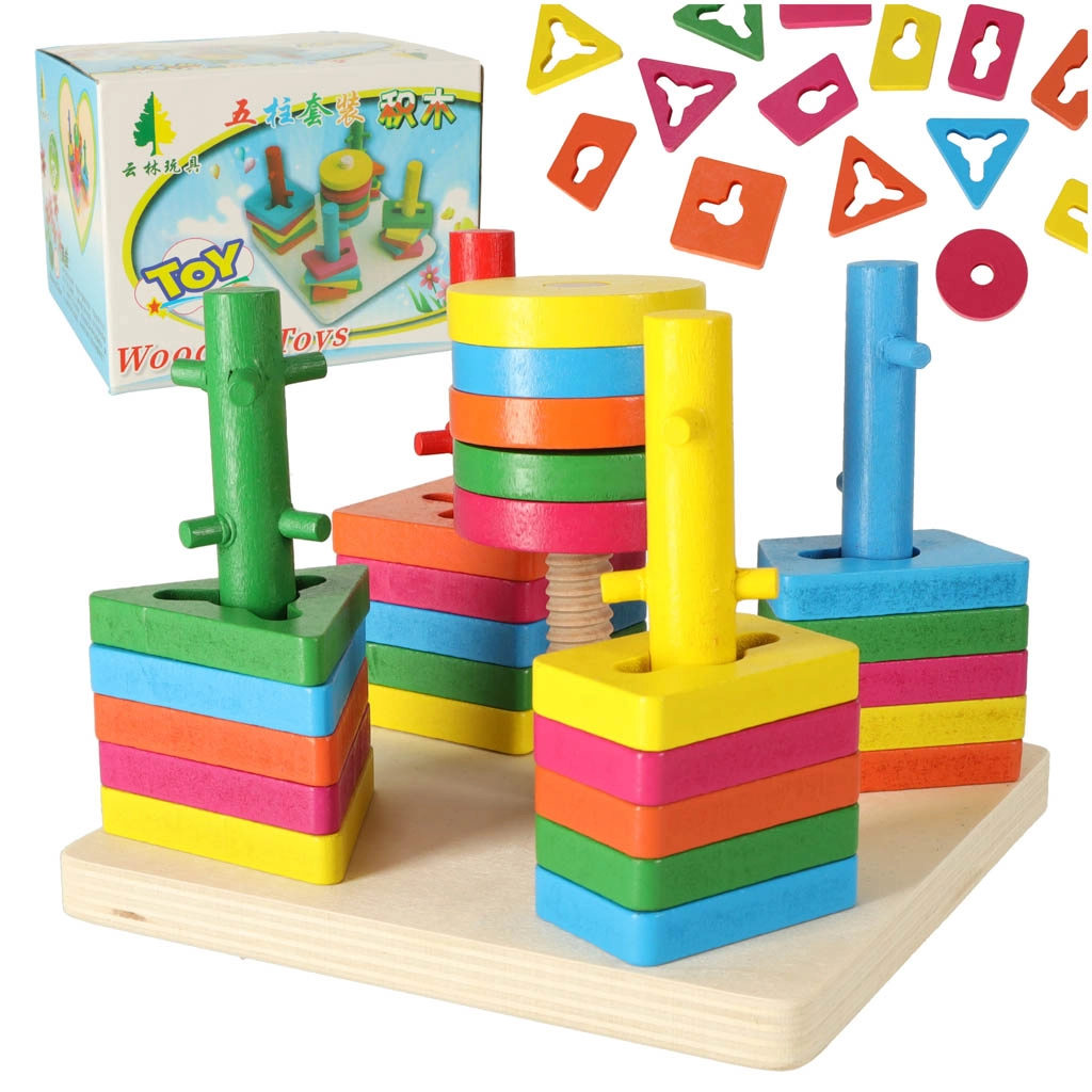 Wooden Five Column Set Blocks Geometry Puzzles Educational Toys for Kids - Multicolors