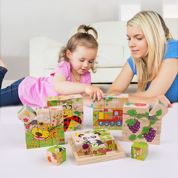 Wooden children's educational toys wooden 3D cartoon puzzle baby 9 blocks 6 six-sided puzzle wholesale