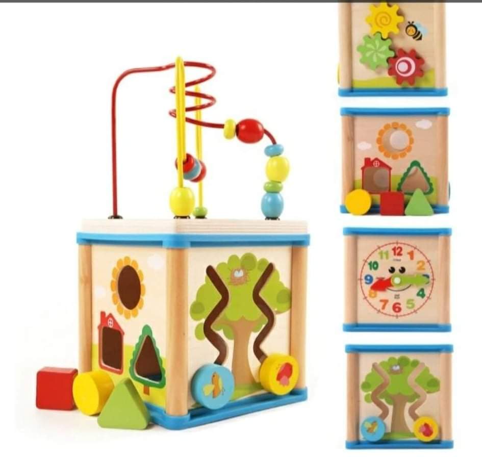 Early Education Children's Wooden Clock Bead Toy Treasure Box for Ages 1-6, Four-Sided Intellectual Game Bead Box Educational Toy