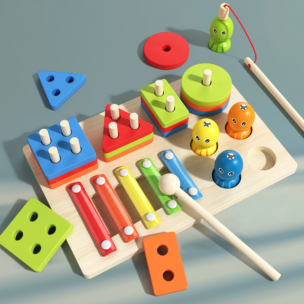 Children's Baby Four Sets of Column Early Education Educational Toys Shape Color Matching Cognitive Building Blocks Fishing Playing Piano Game
